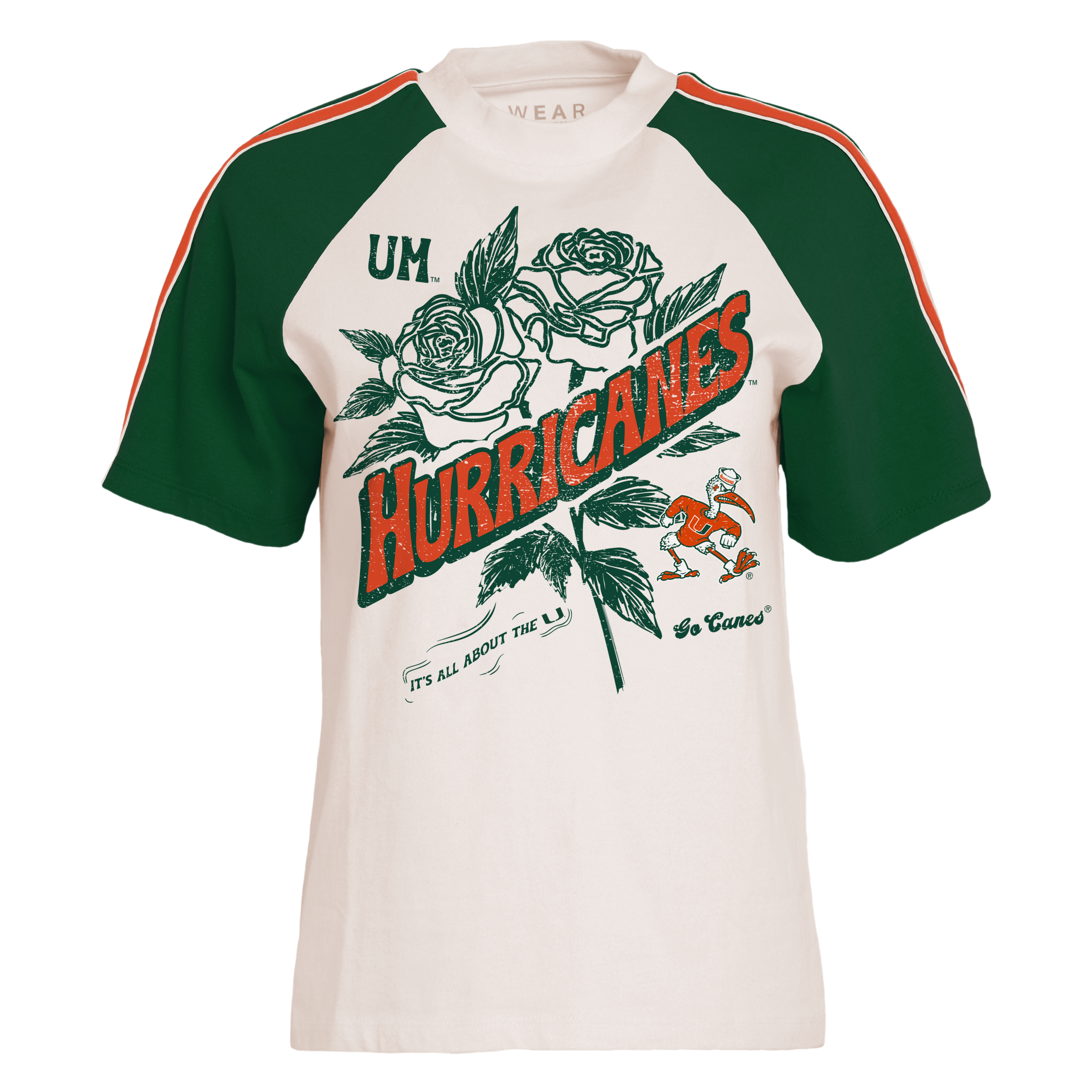 Miami Hurricanes WEAR by Erin Andrews Women's Short Sleeve Stripe Distressed Raglan T-Shirt - Cream