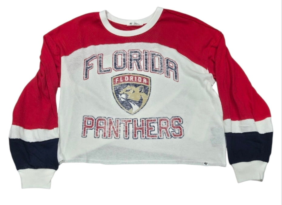 Florida Panthers Women's 47 Brand Double Header Curve Toni Crop L/S T-Shirt - Red/White
