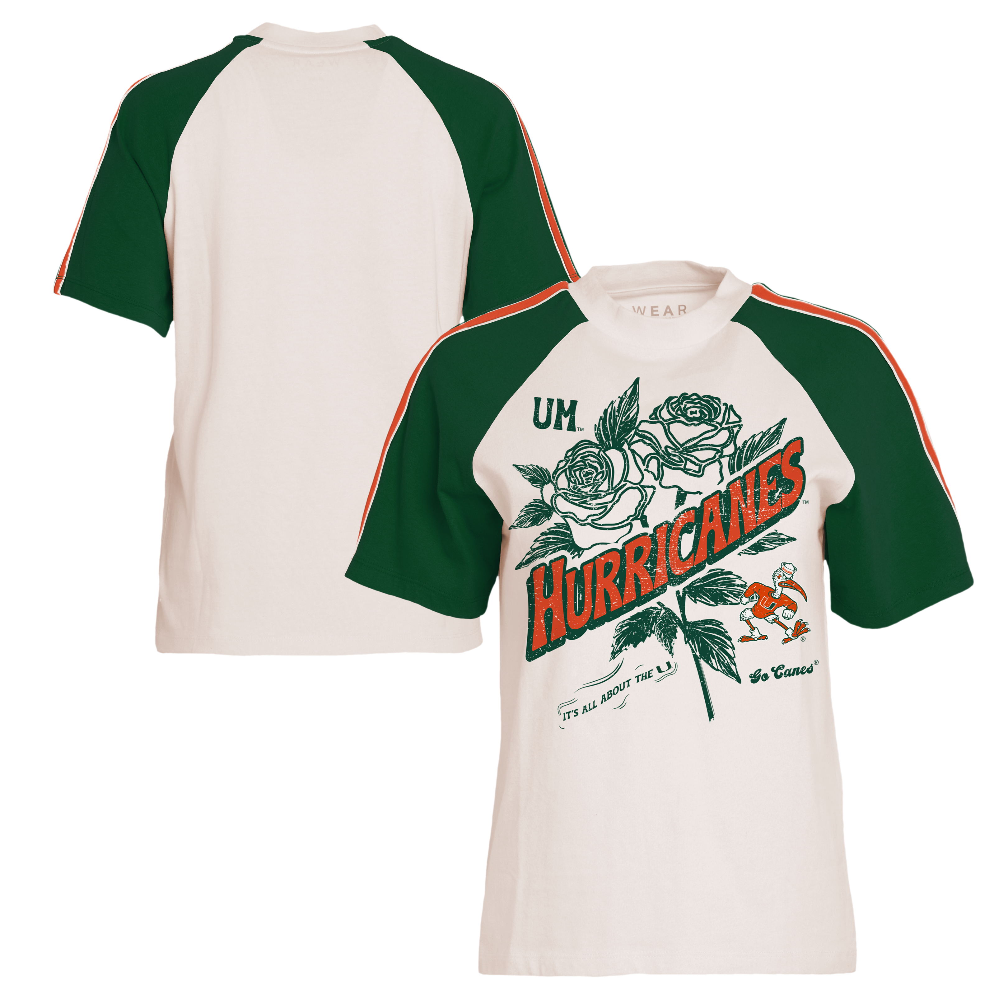 Miami Hurricanes WEAR by Erin Andrews Women's Short Sleeve Stripe Distressed Raglan T-Shirt - Cream