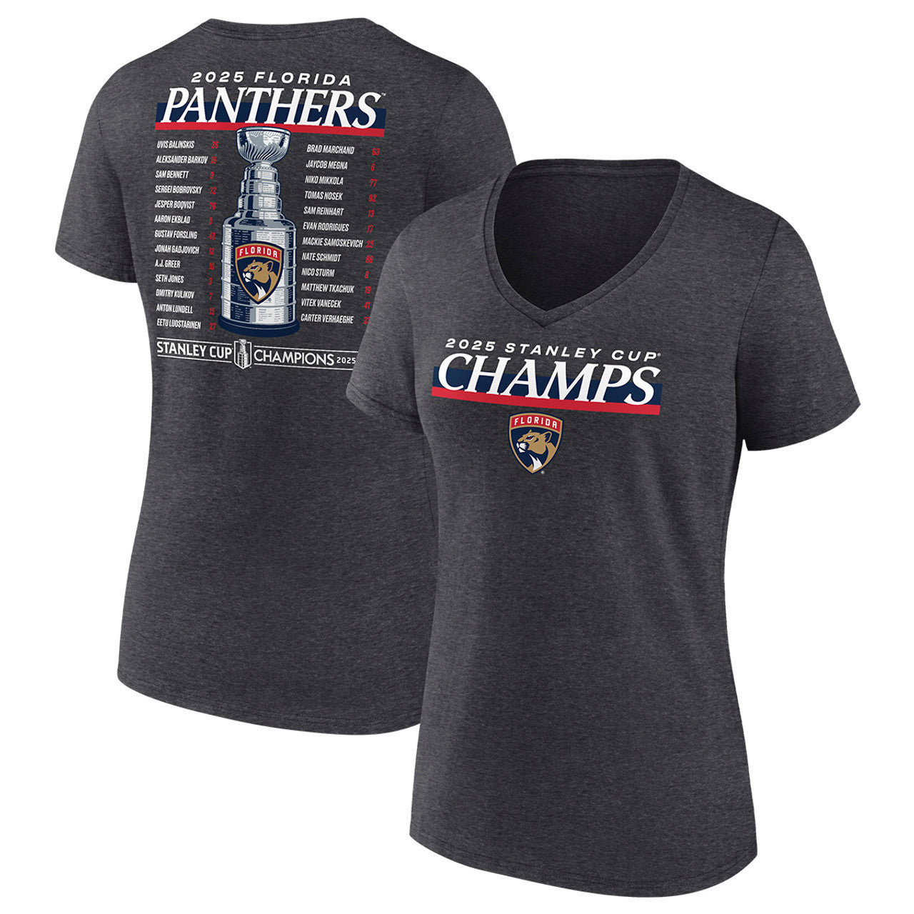 Florida Panthers Women's 2025 Stanley Cup Champions Roster T-Shirt - Charcoal