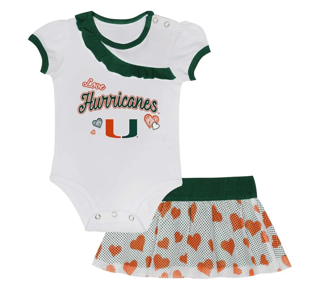 Miami Hurricanes Girls Newborn & Infant Two-Piece Love My Team Bodysuit & Skirt Set