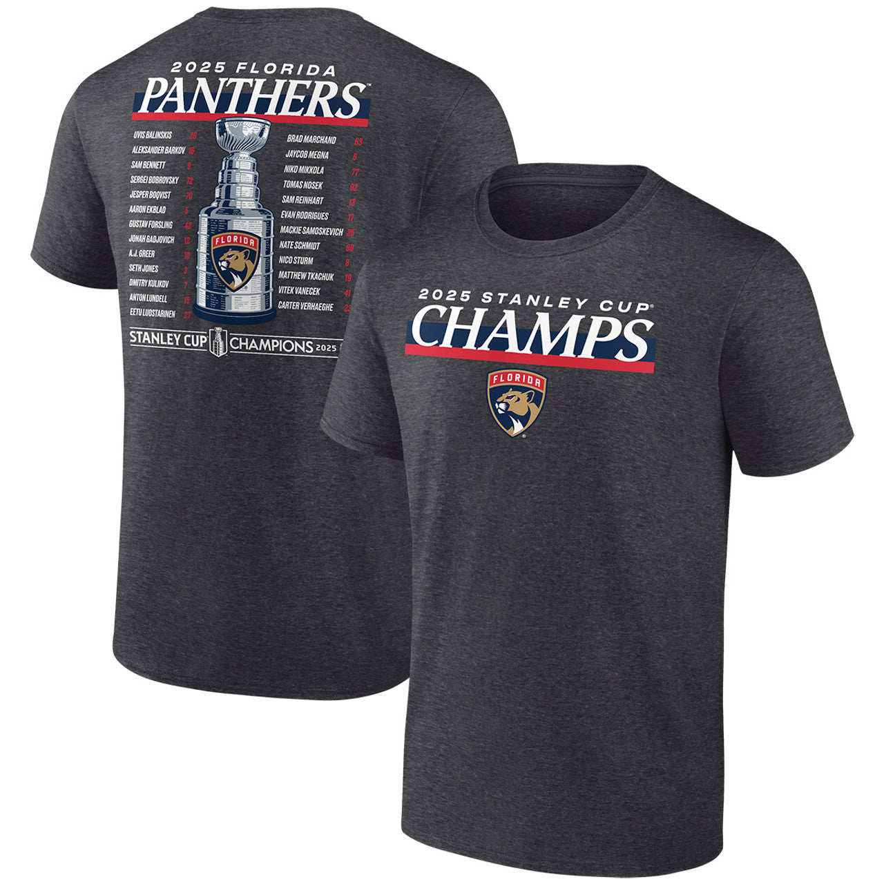 Florida Panthers 2025 Stanley Cup Champions Roster T-Shirt - Charcoal