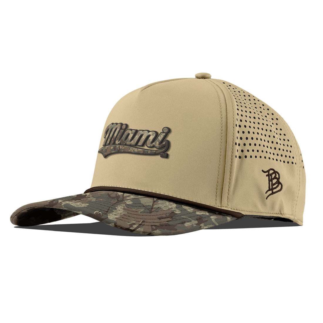 Miami Hurricanes Branded Bills "Miami Timber Camo Series" Curved 5 Panel Rope Hat - Beige