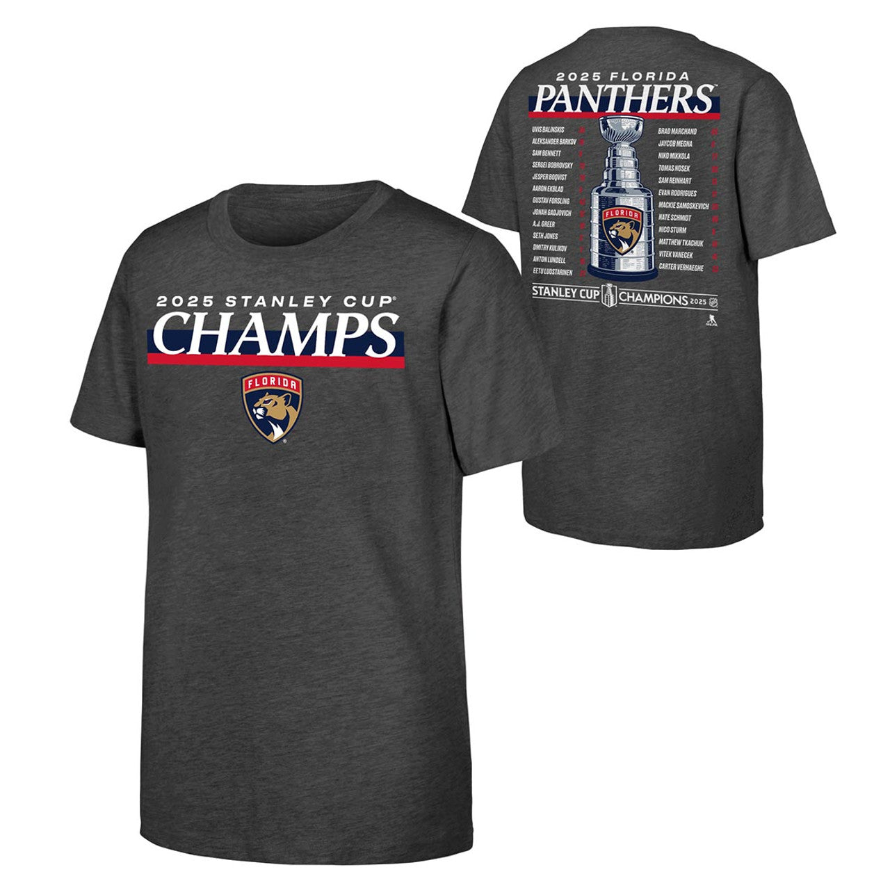 Florida Panthers Youth 2025 Stanley Cup Champions Roster T-Shirt - Charcoal