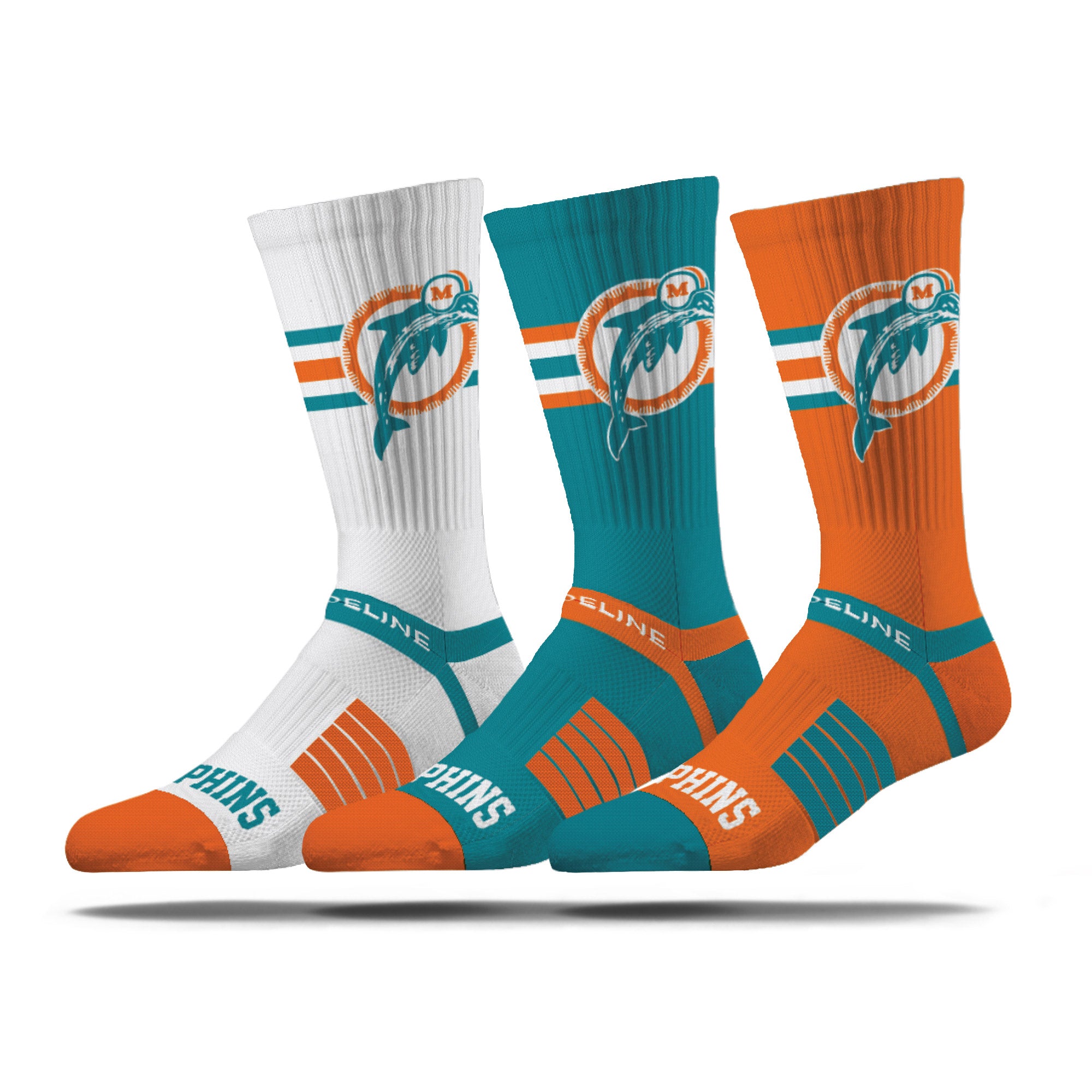 Miami Dolphins Strideline Premium Knit Crew Socks Retro 3 Pack