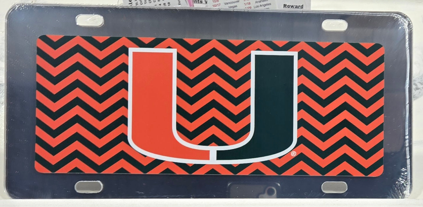 Miami Hurricanes Chevron Patterned with Mirror Border License Plate