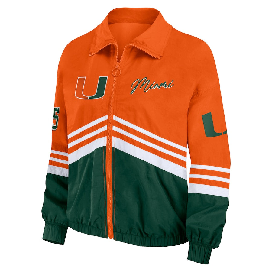 Miami Hurricanes WEAR by Erin Andrews Womens Throwback Windbreaker Jacket - Orange/Green