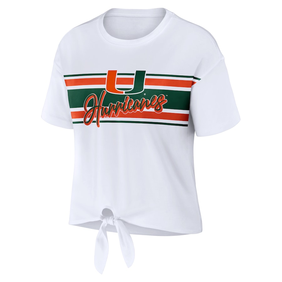 Miami Hurricanes WEAR by Erin Andrews Women's Striped Front Knot Cropped T-Shirt - White