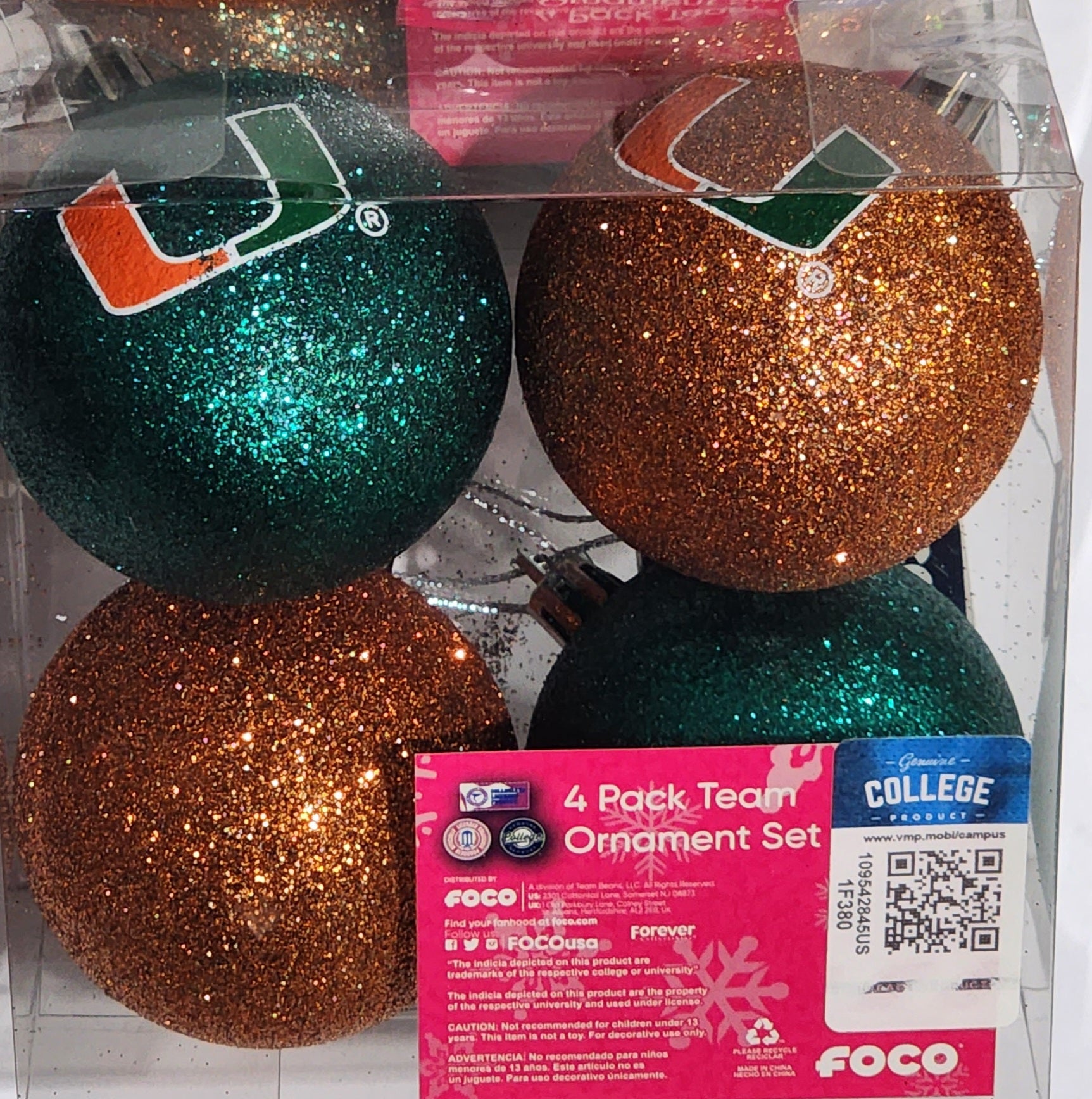 Miami Hurricanes 4 Pack Glittered Team Ornament Set