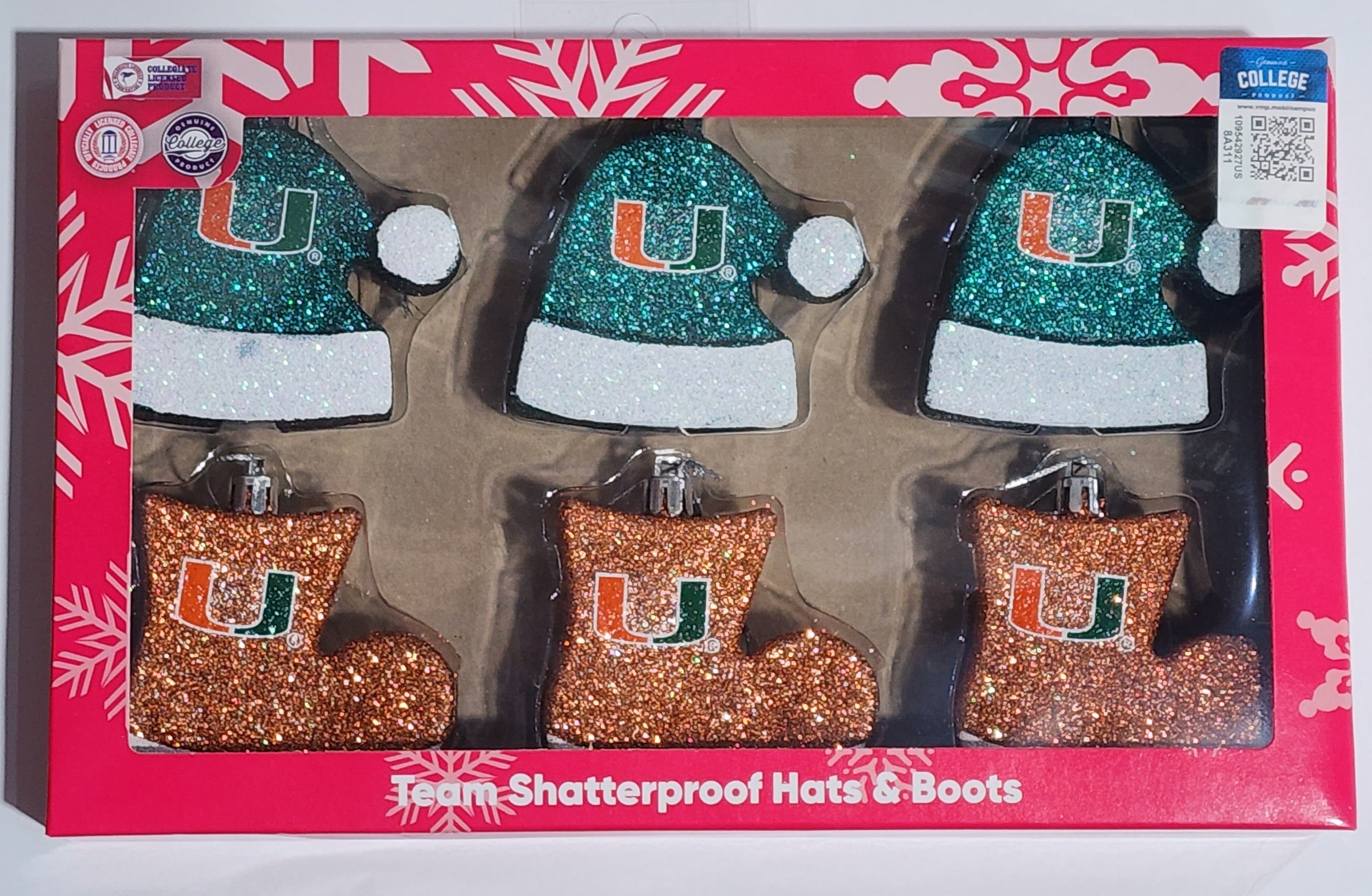 Miami Hurricanes 6 Pack Shatterproof Hats & Boots Ornaments