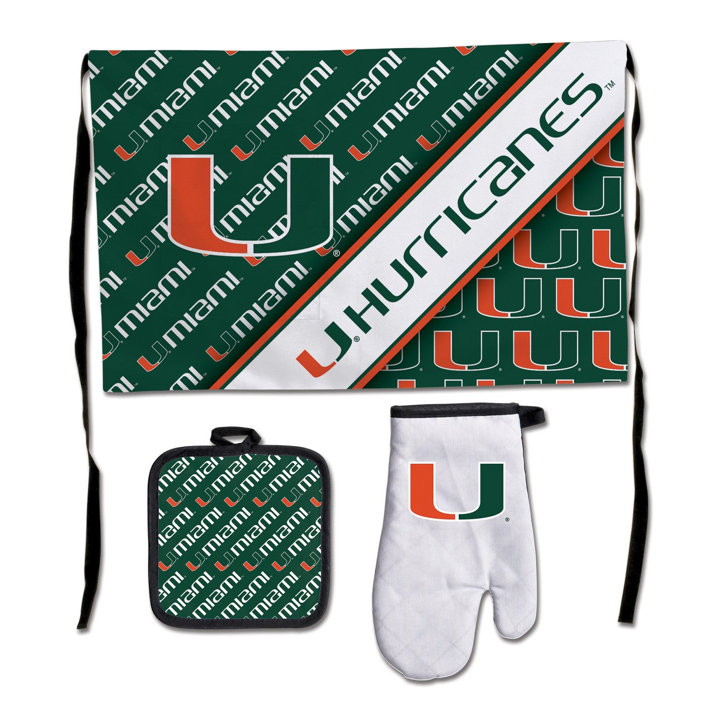 Miami Hurricanes Deluxe Barbeque Set - Apron, Potholder & Oven Mitt