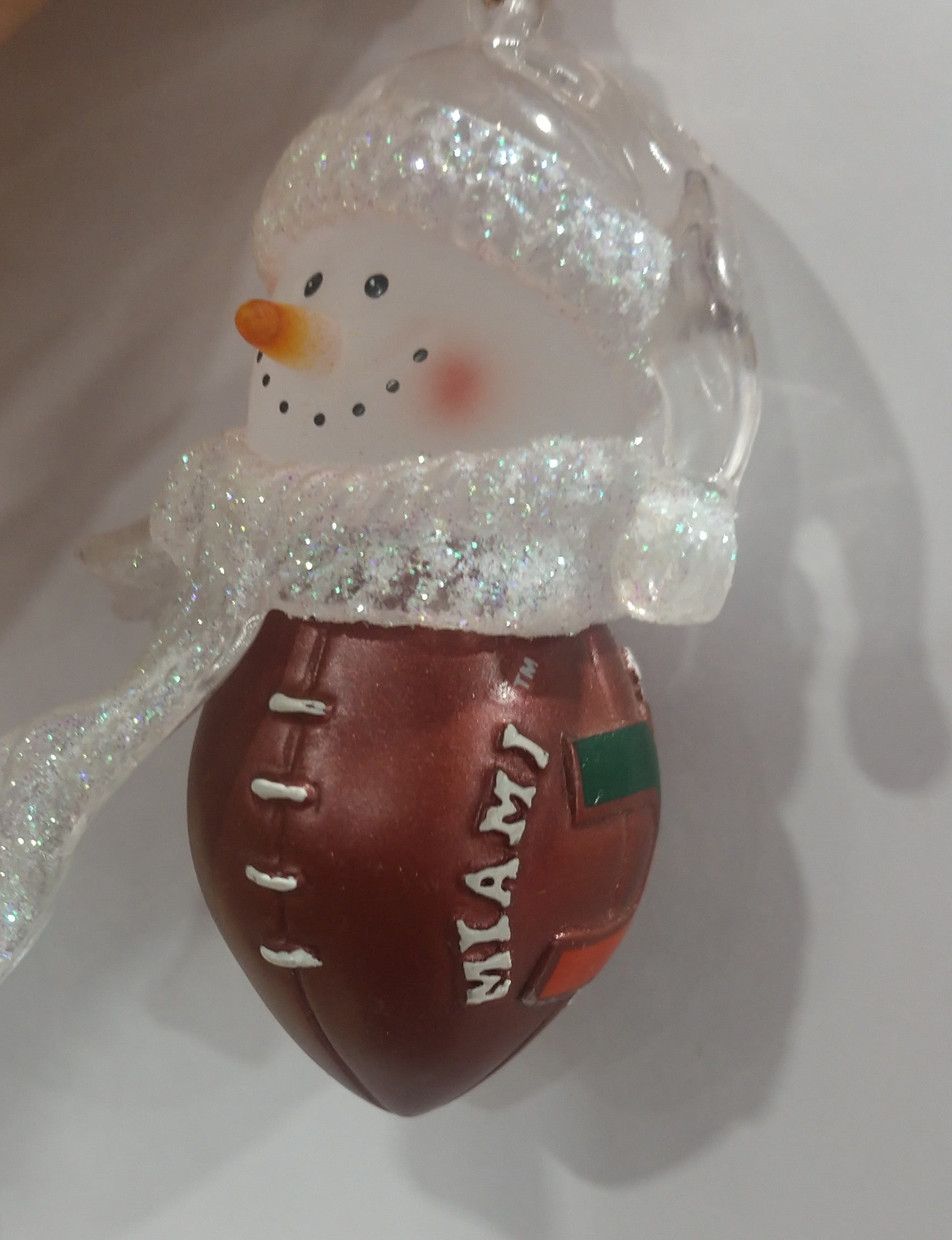 Miami Hurricanes Glass Football Snowman Ornament