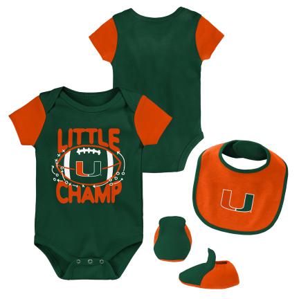 Miami Hurricanes Infant & Toddler Little Champ 3 Piece Creeper Set with Bib and Booties