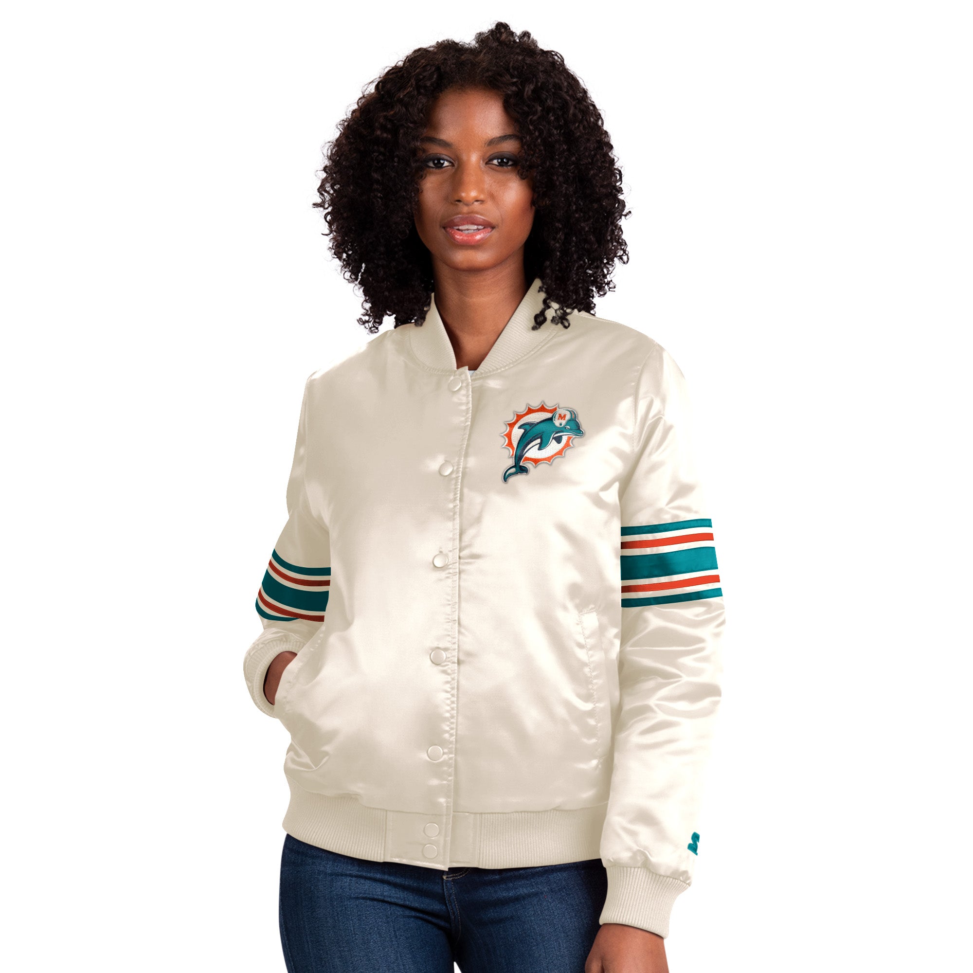 Miami Dolphins Women's Vintage Satin Starter Jacket - Pearl White