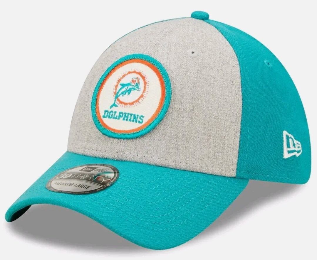 Miami Dolphins New Era 2022 Sideline Historic Logo 39Thirty Flex Fitted Hat - Grey/Aqua