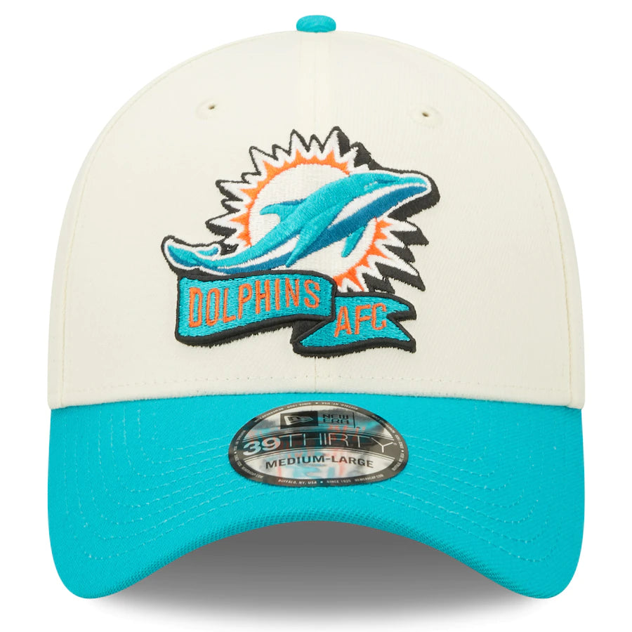 Miami Dolphins New Era 2022 Sideline 39Thirty 2-Tone Flex Fitted Hat - Cream/Aqua