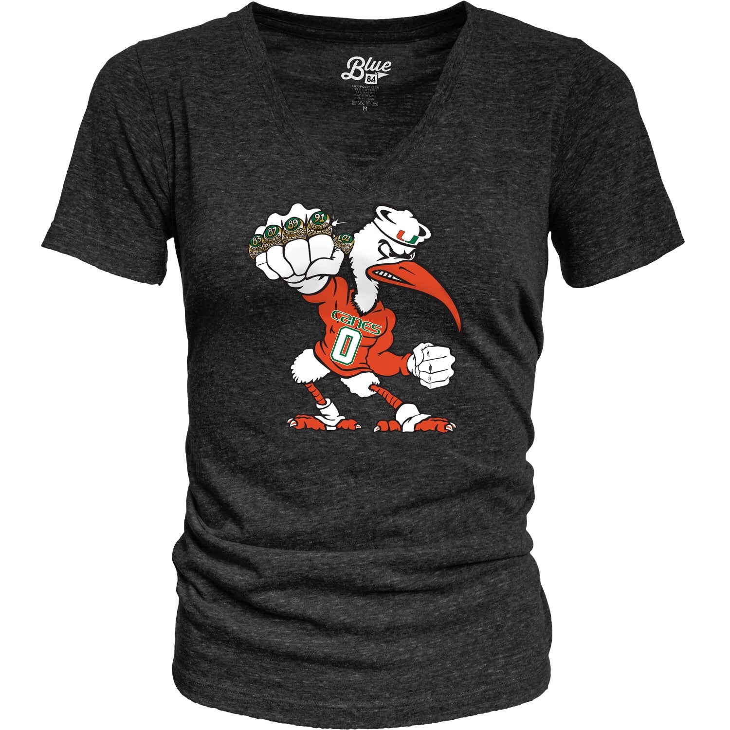 Miami Hurricanes Women's 5 Rings POW V-Neck T-Shirt - Heather Black