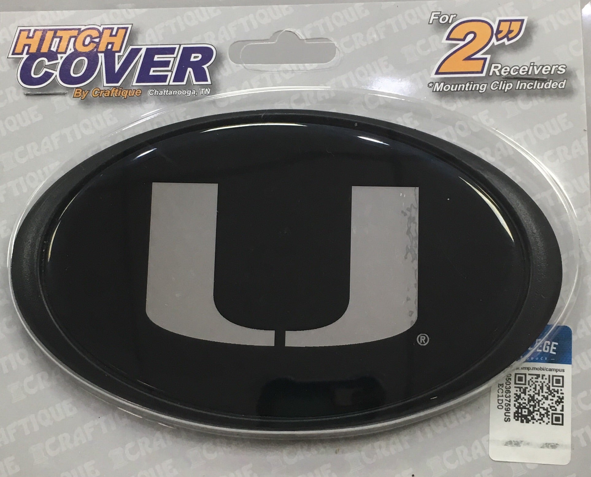 Miami Hurricanes Silver U Oval Hitch Cover For 2" Receivers - Black
