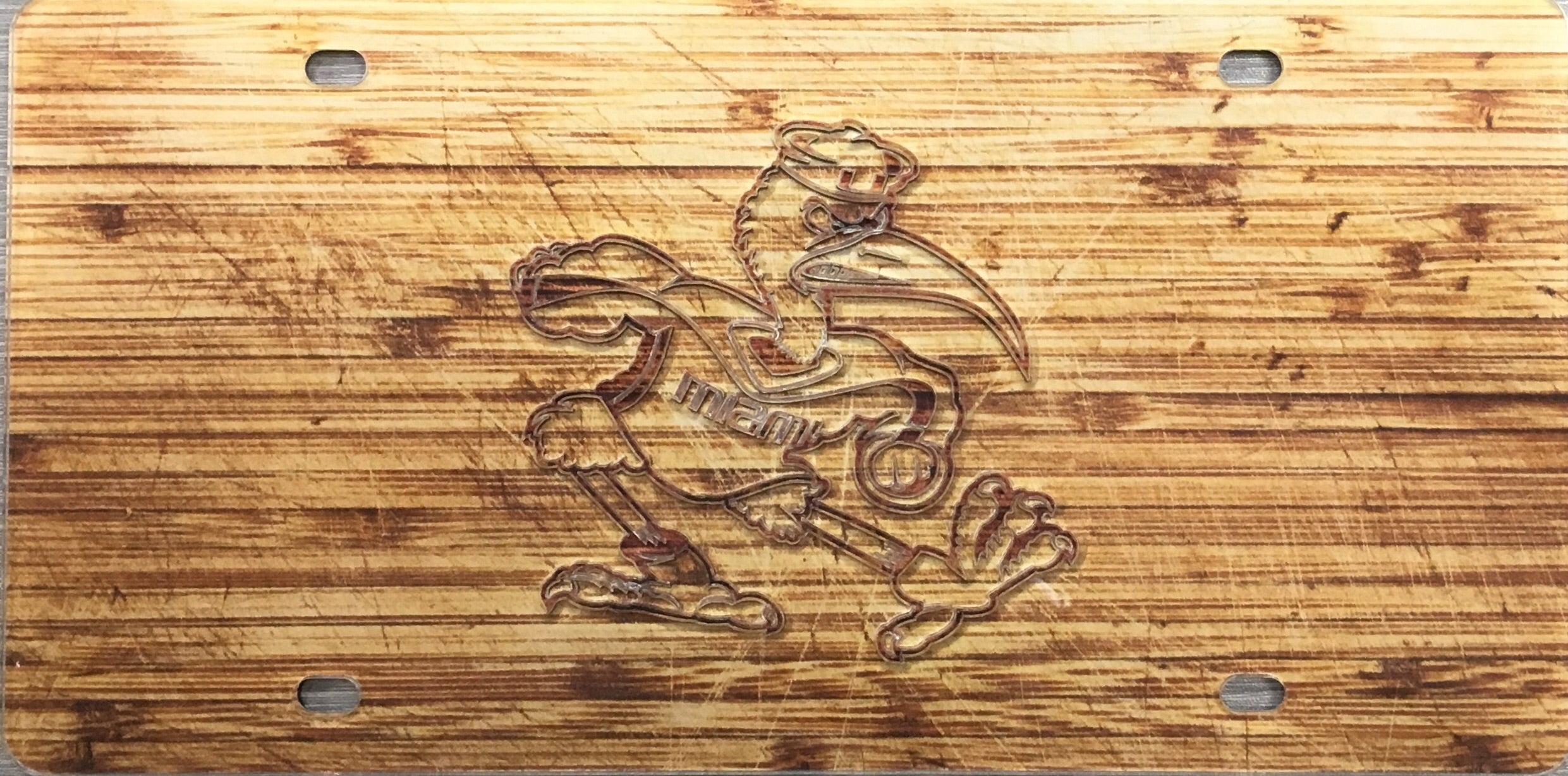 Miami Hurricanes Wood Mascot Front License Plate Tag