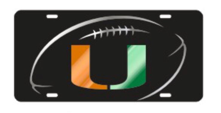 Miami Hurricanes U Football Laser Cut License Plate - Black