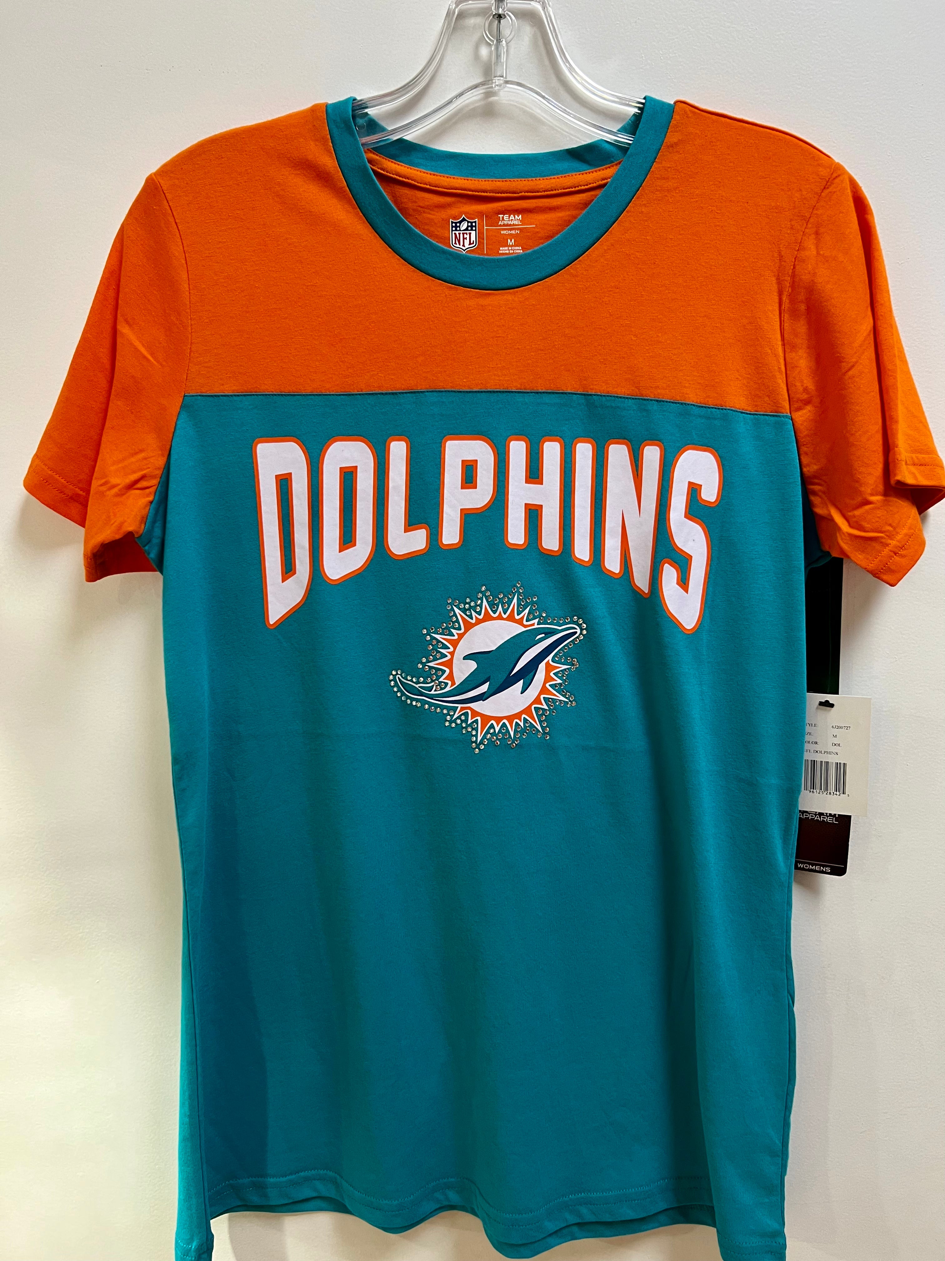 Miami Dolphins Women's G-III White Script Rhinestone Logo T-Shirt - Aqua/Orange S