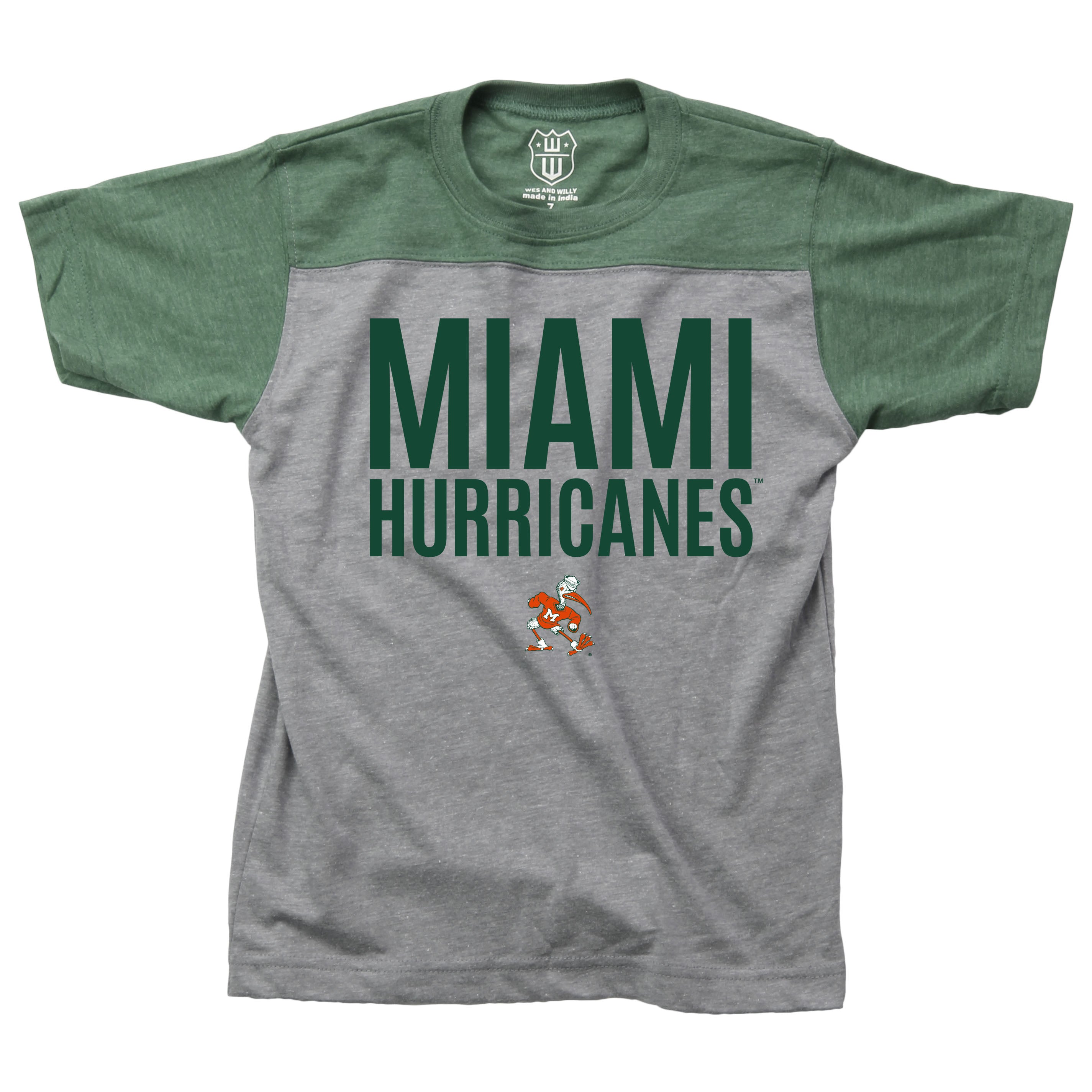 Miami Hurricanes Wes And Willy Kids Yoke Raglan Tri-Blend T-Shirt - Heather Green / Grey
