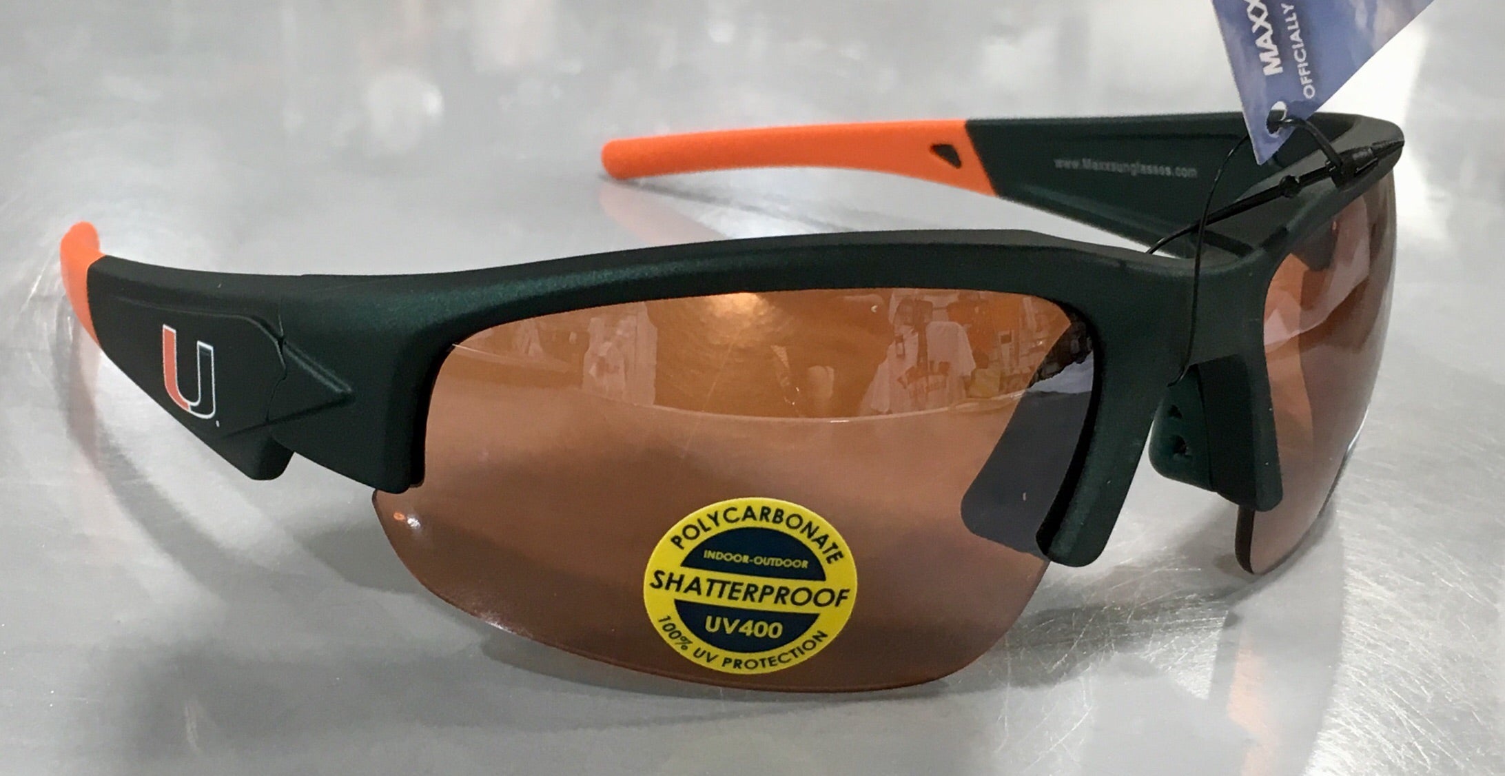 Miami Hurricanes Dynasty Raze HD Sunglasses - Green with Orange Tips