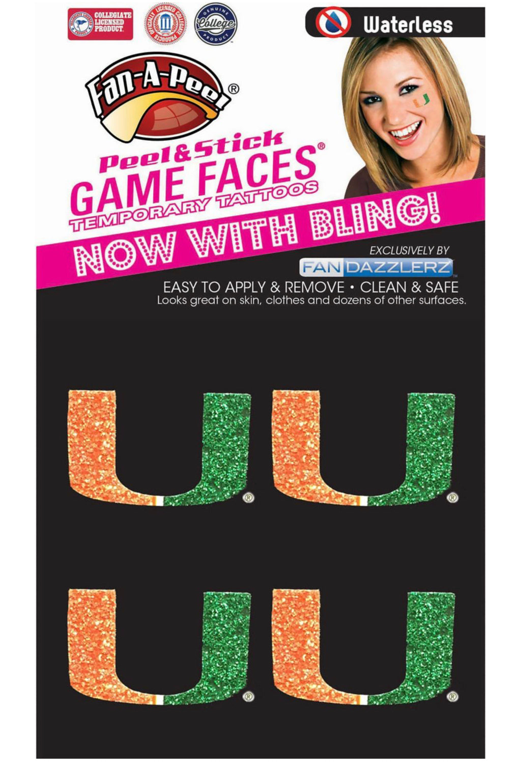 Miami Hurricanes Game FacesWaterless Bling Glitter Tattoo - 4 Pack