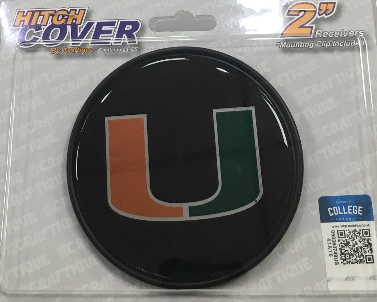 Miami Hurricanes U Round Hitch Cover For 2" Receivers - Black