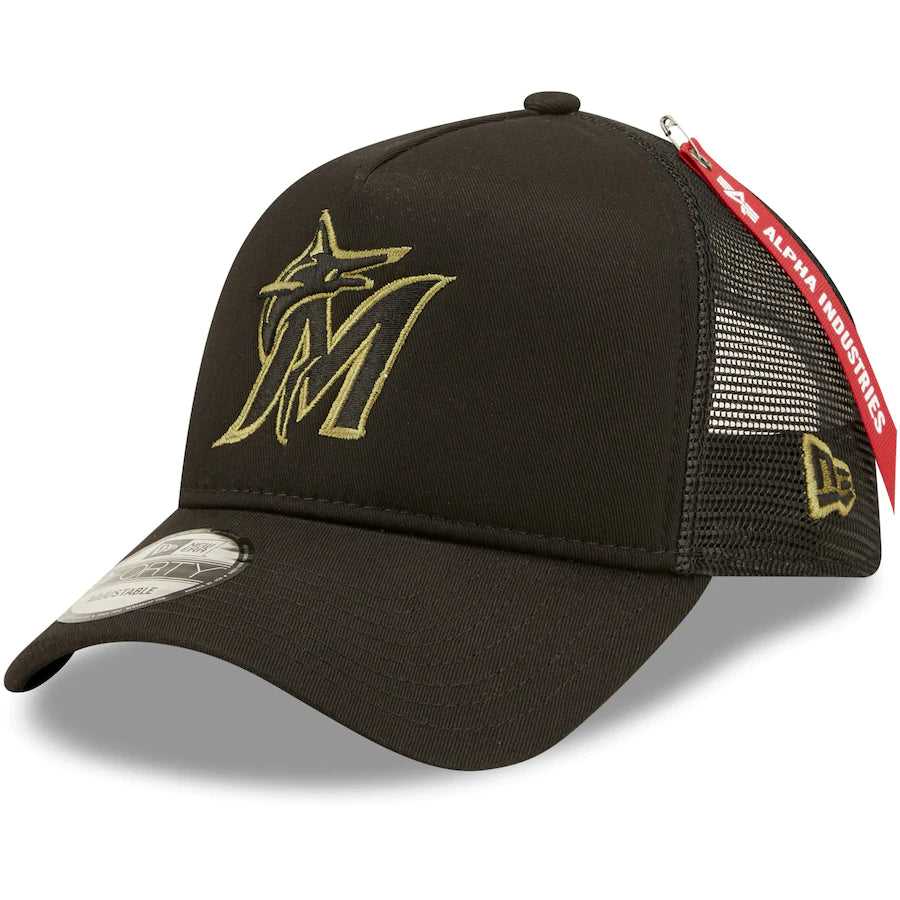 Miami Marlins New Era x Alpha Industries A-Frame 9FORTY Trucker Snapback Hat - Black