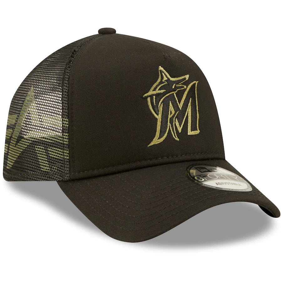 Miami Marlins New Era x Alpha Industries A-Frame 9FORTY Trucker Snapback Hat - Black