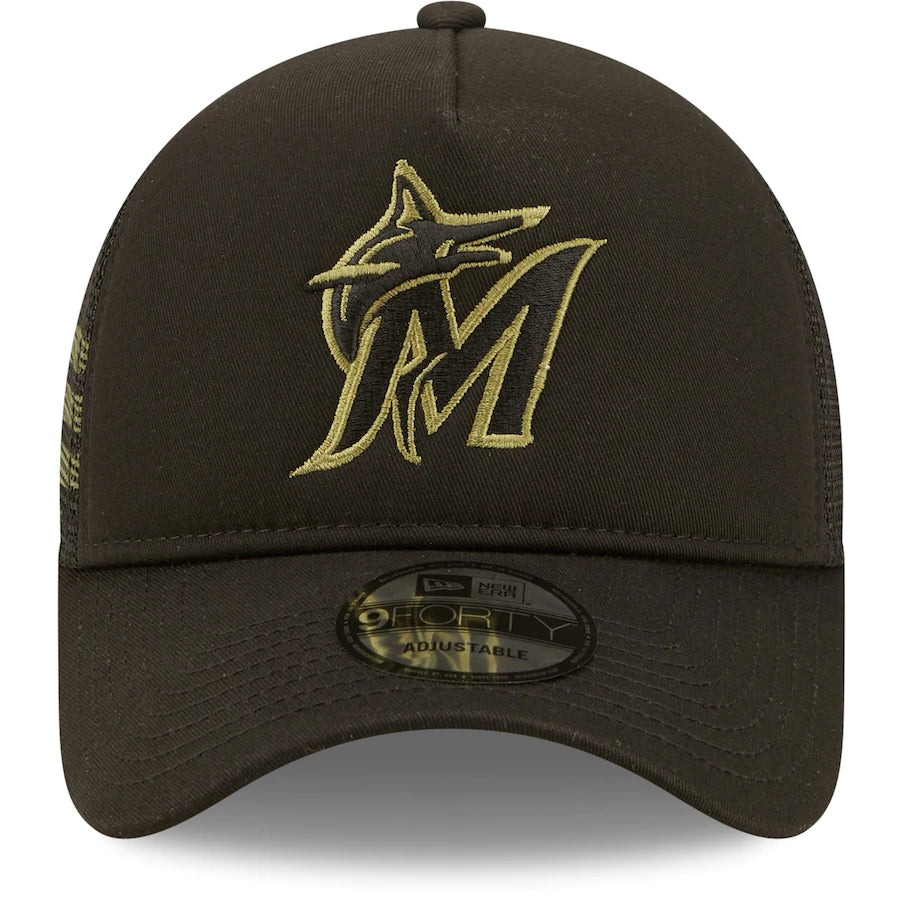Miami Marlins New Era x Alpha Industries A-Frame 9FORTY Trucker Snapback Hat - Black