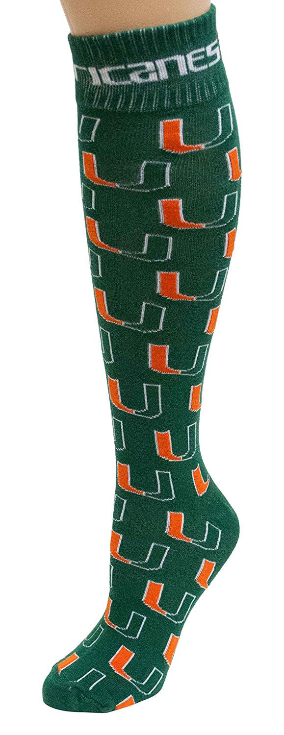 Miami Hurricanes Repeating Logo Dress / Game Day Socks - Green