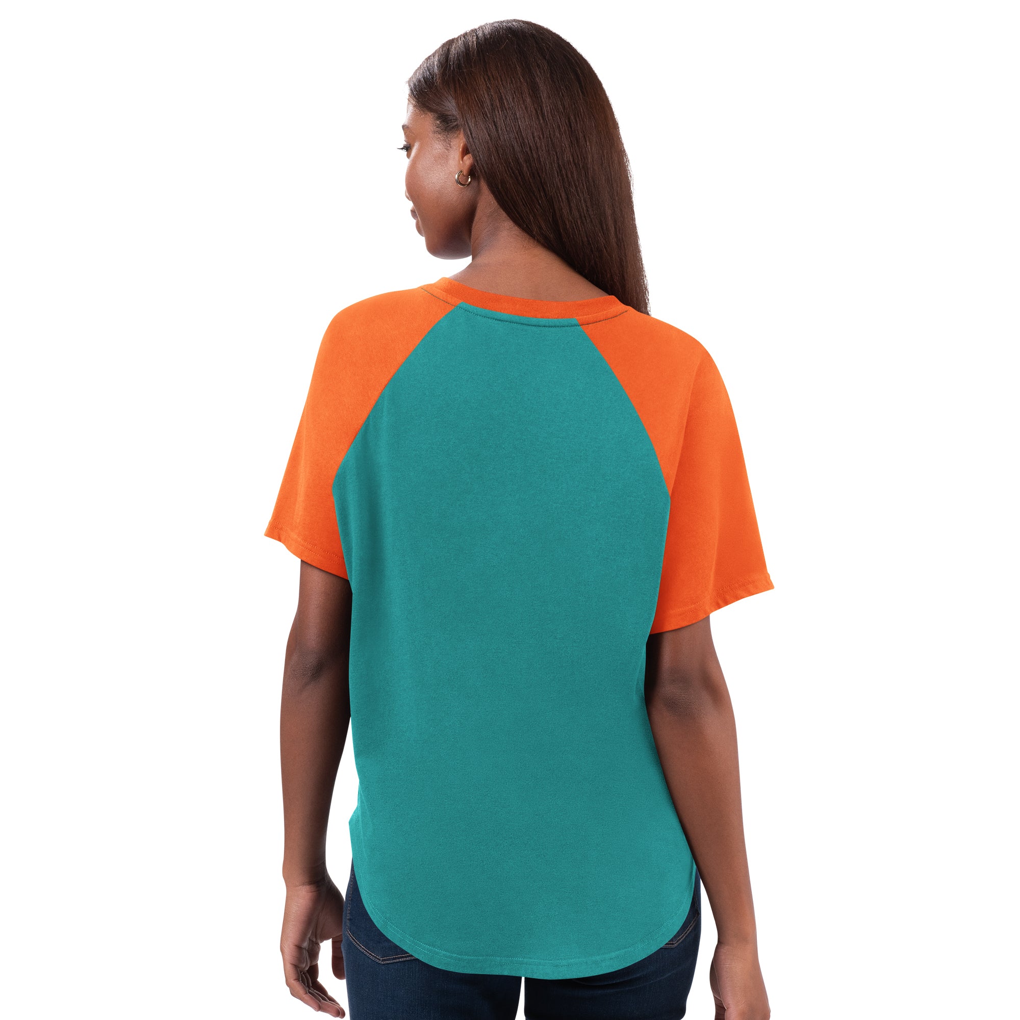 Miami Dolphins Glll 4Her Women's Rhinestone V-Neck T-Shirt - Aqua / Orange