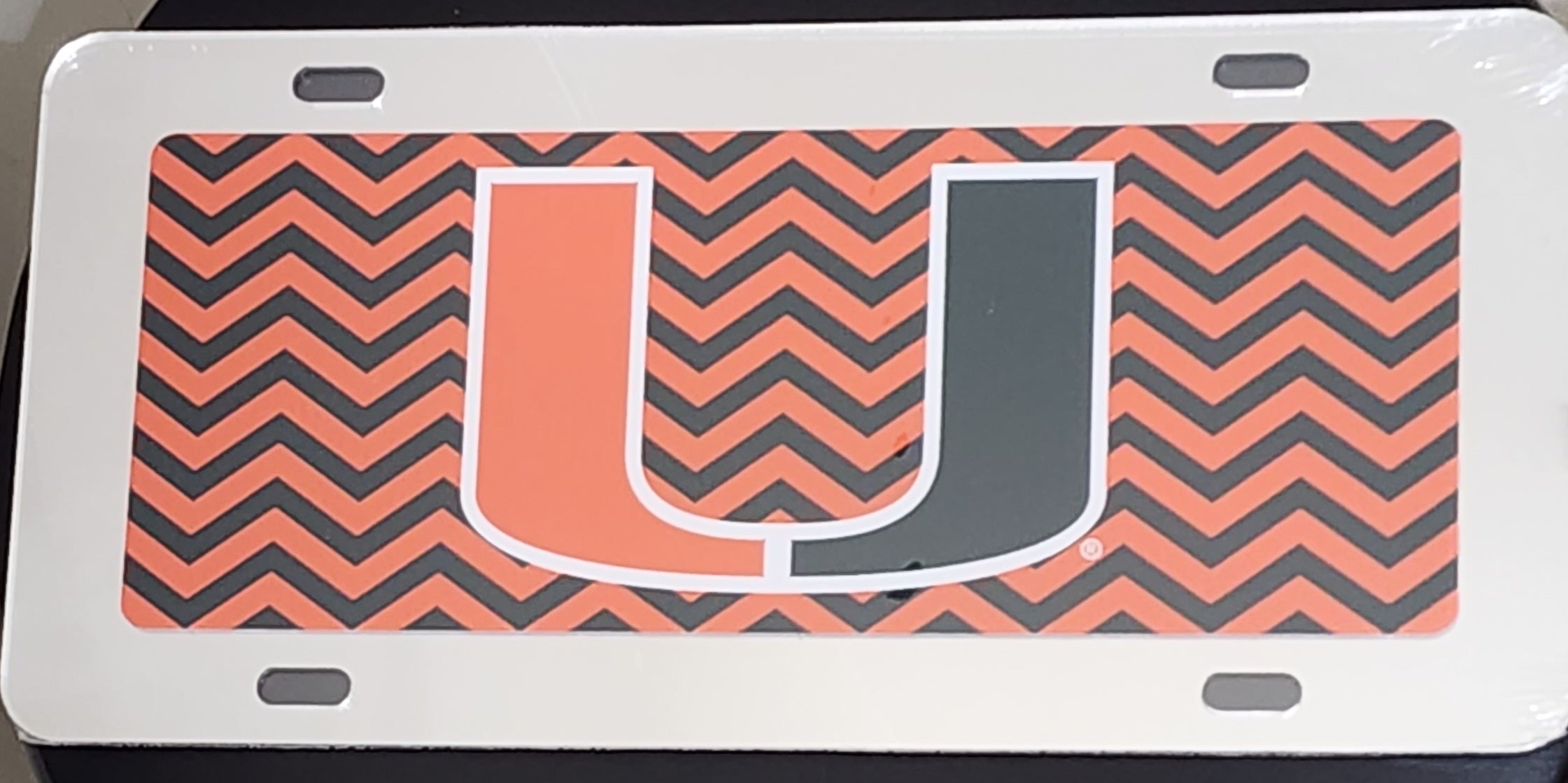 Miami Hurricanes Chevron Patterned with Mirror Border License Plate