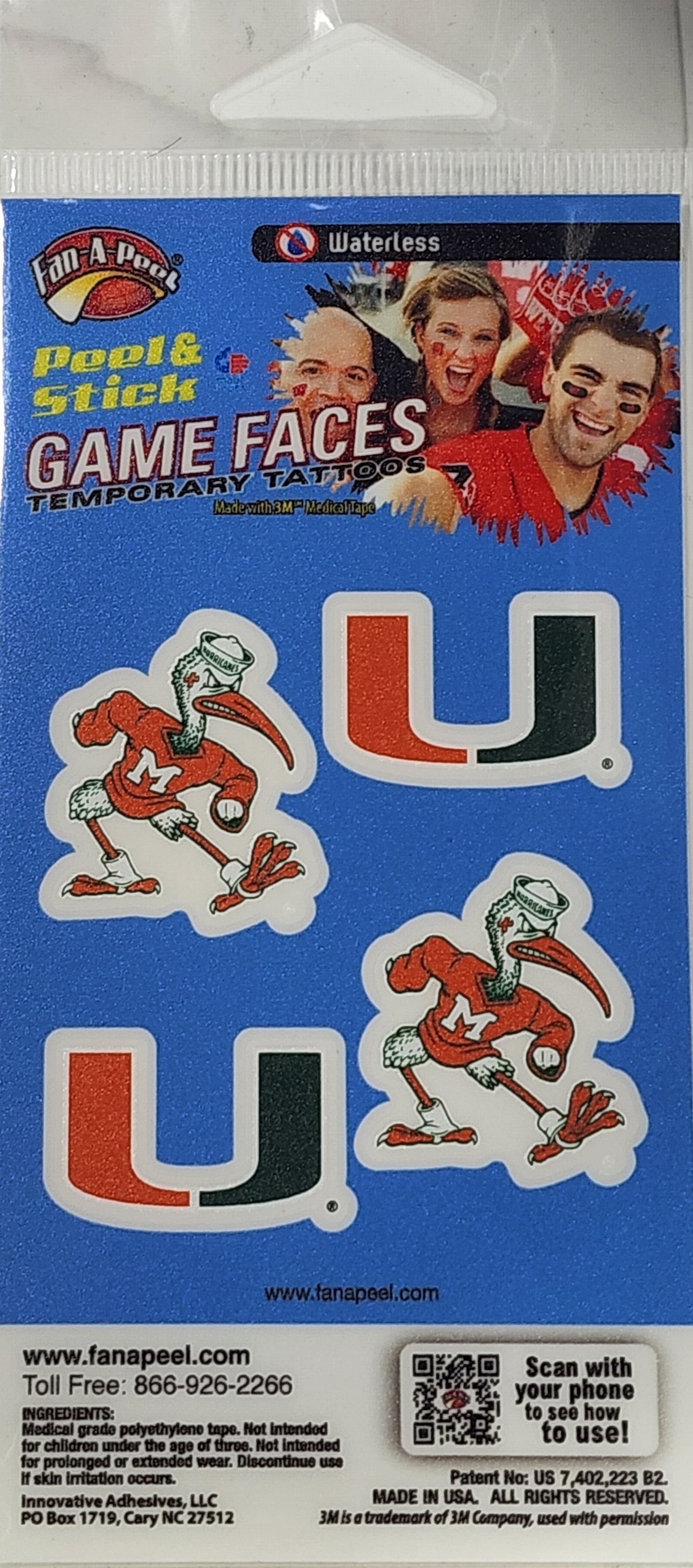Miami Hurricanes Game Faces Tattoo 4 Pack