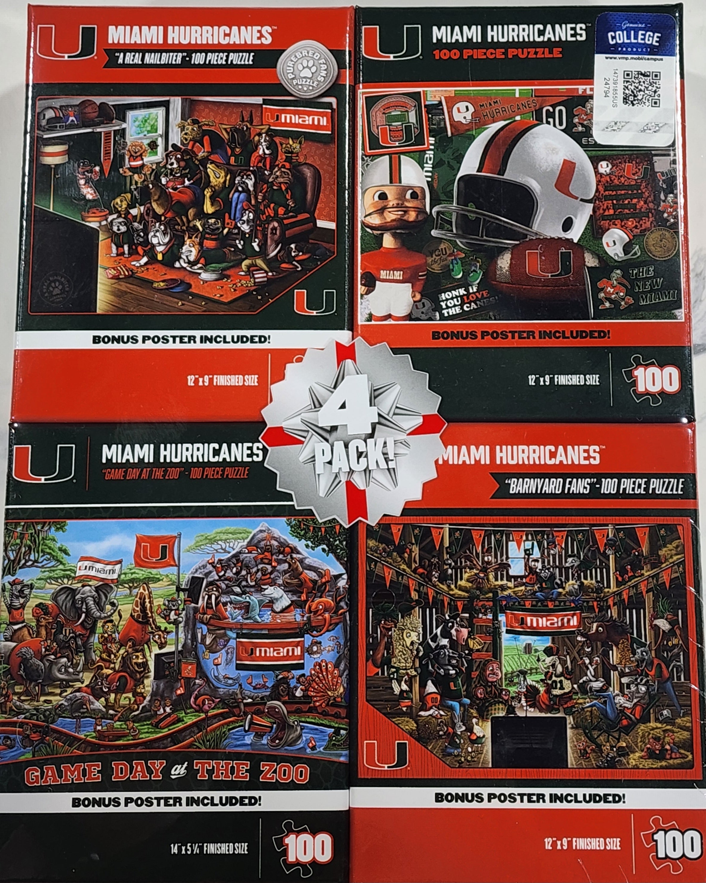 Miami Hurricanes 100 Piece Multi Series Puzzles - 4 Pack