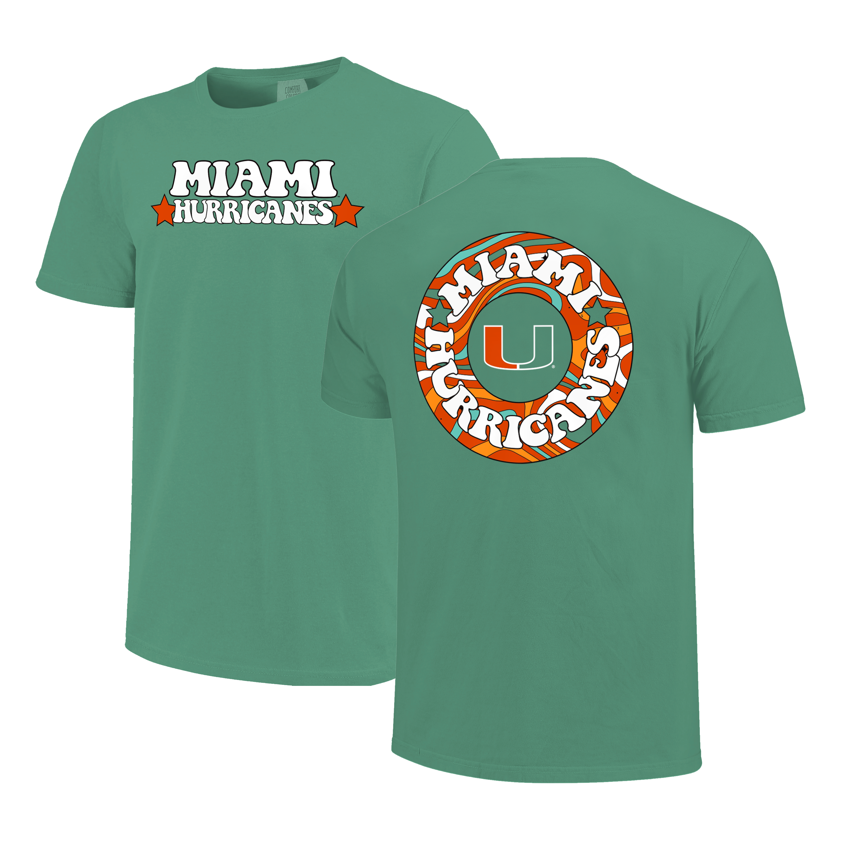Miami Hurricanes Groovy Type & Pattern Circle Comfort Color T-Shirt - Island Green