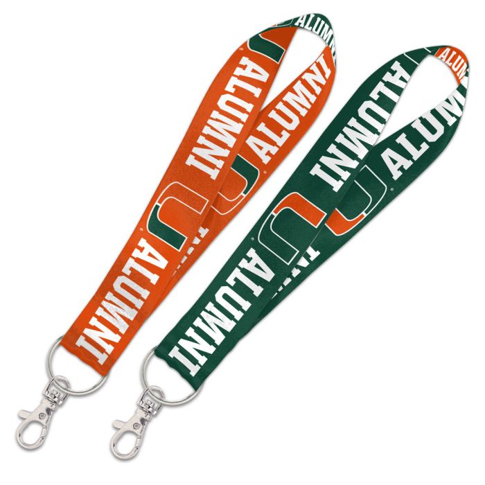 Portachiavi Miami Hurricanes Con Moschettone - Cordino Bicolore Verde, Serigrafato, Ufficiale NCAA
