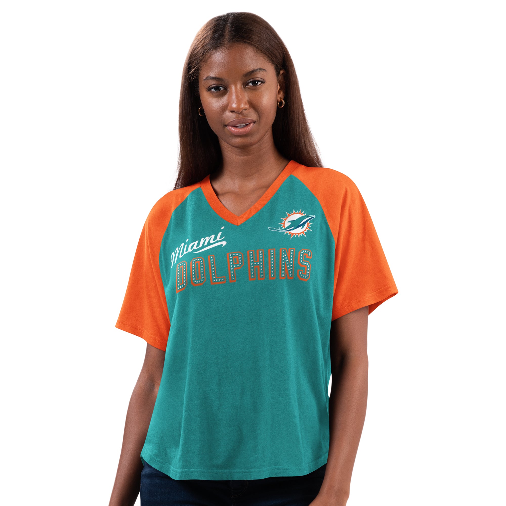 Miami Dolphins Glll 4Her Women's Rhinestone V-Neck T-Shirt - Aqua / Orange