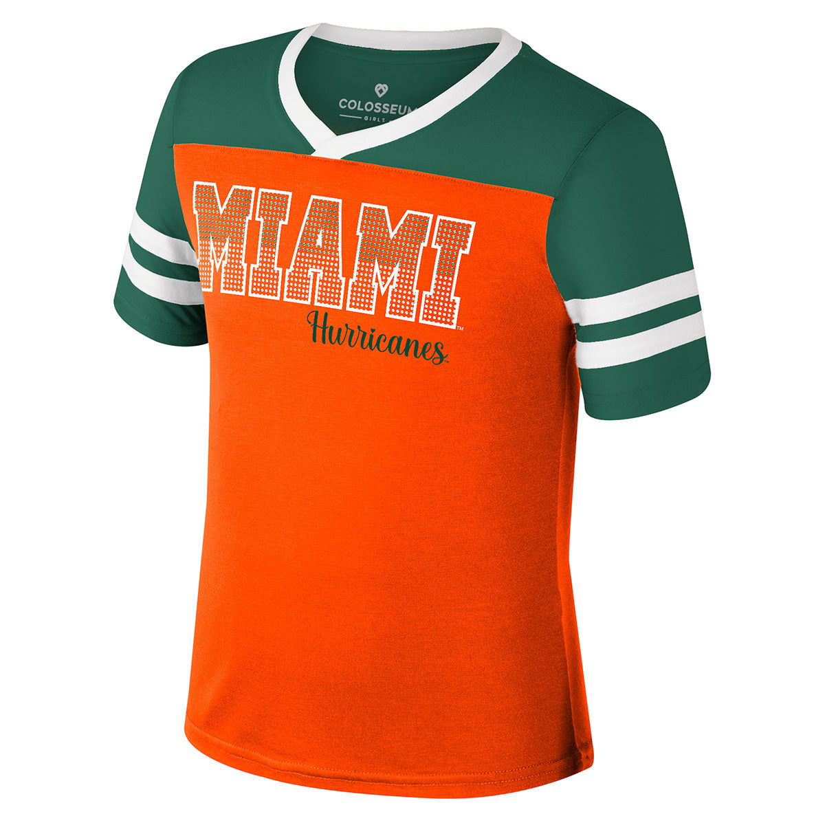 Miami Hurricanes Colosseum Girls Space Opera T-Shirt w/ Rhinestones - Green Orange