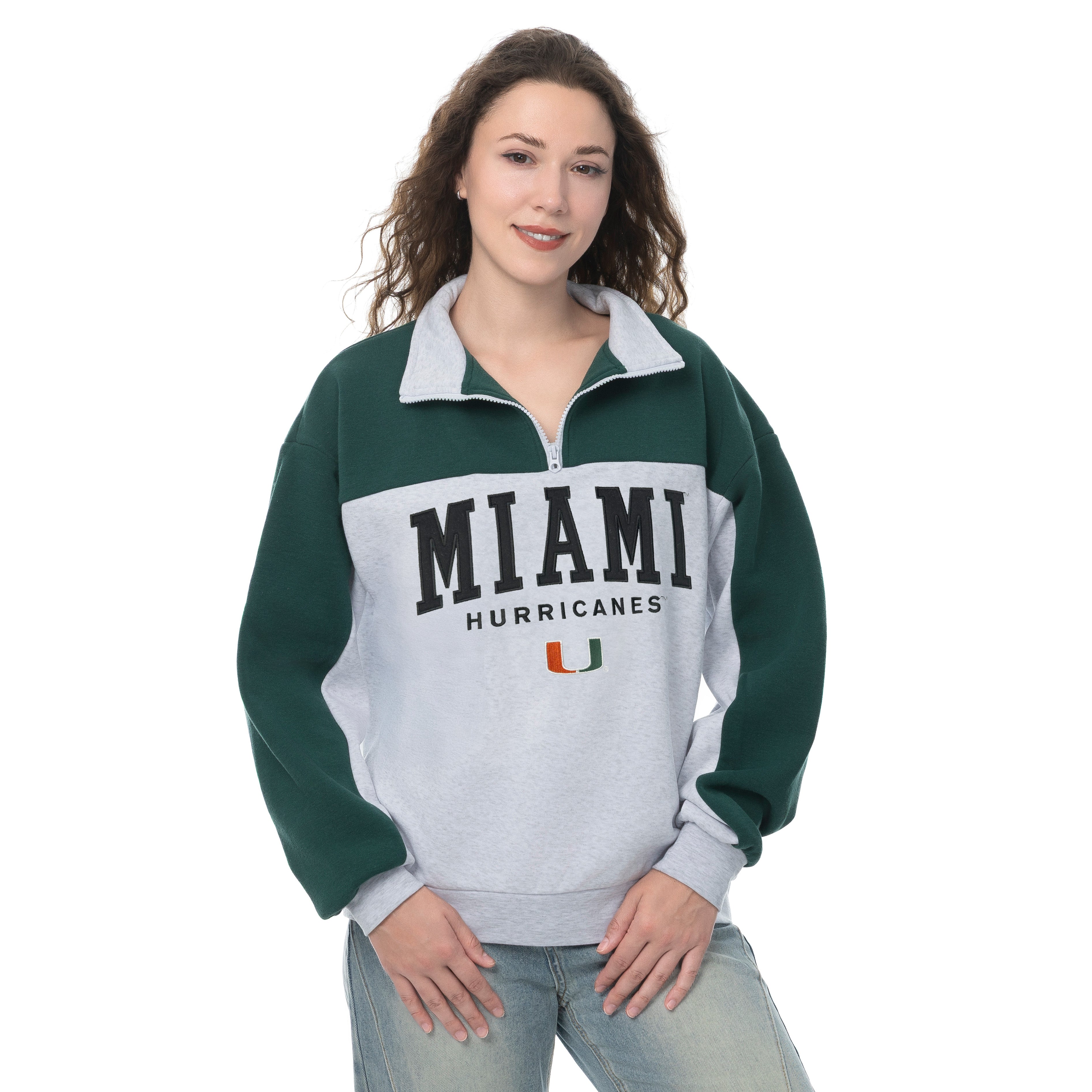 Miami Hurricanes Zoozatz Women's Huddle 1/4 Zip Fleece Pullover - Ash Grey/Green
