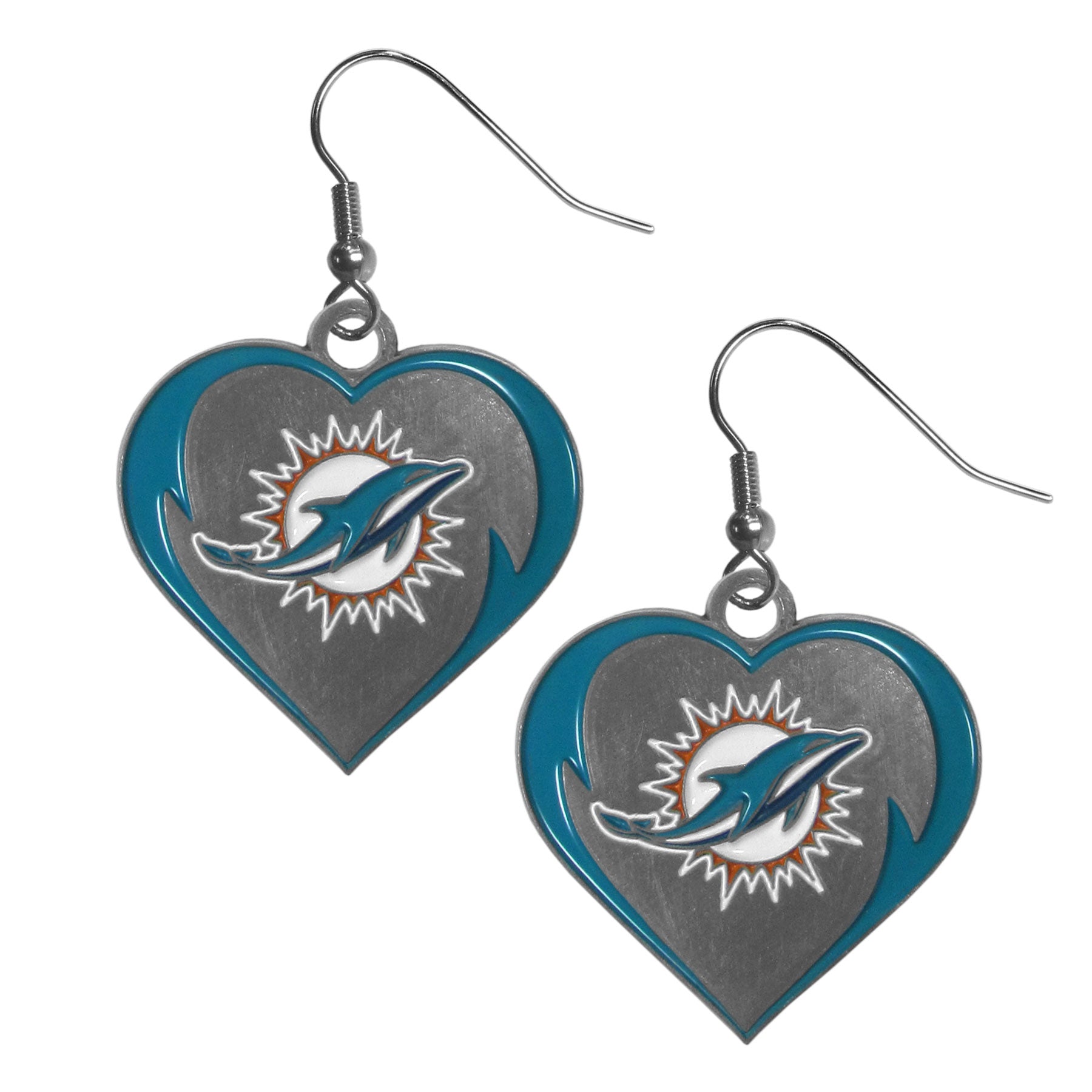 Miami Dolphins Silver Heart Dangling Earrings