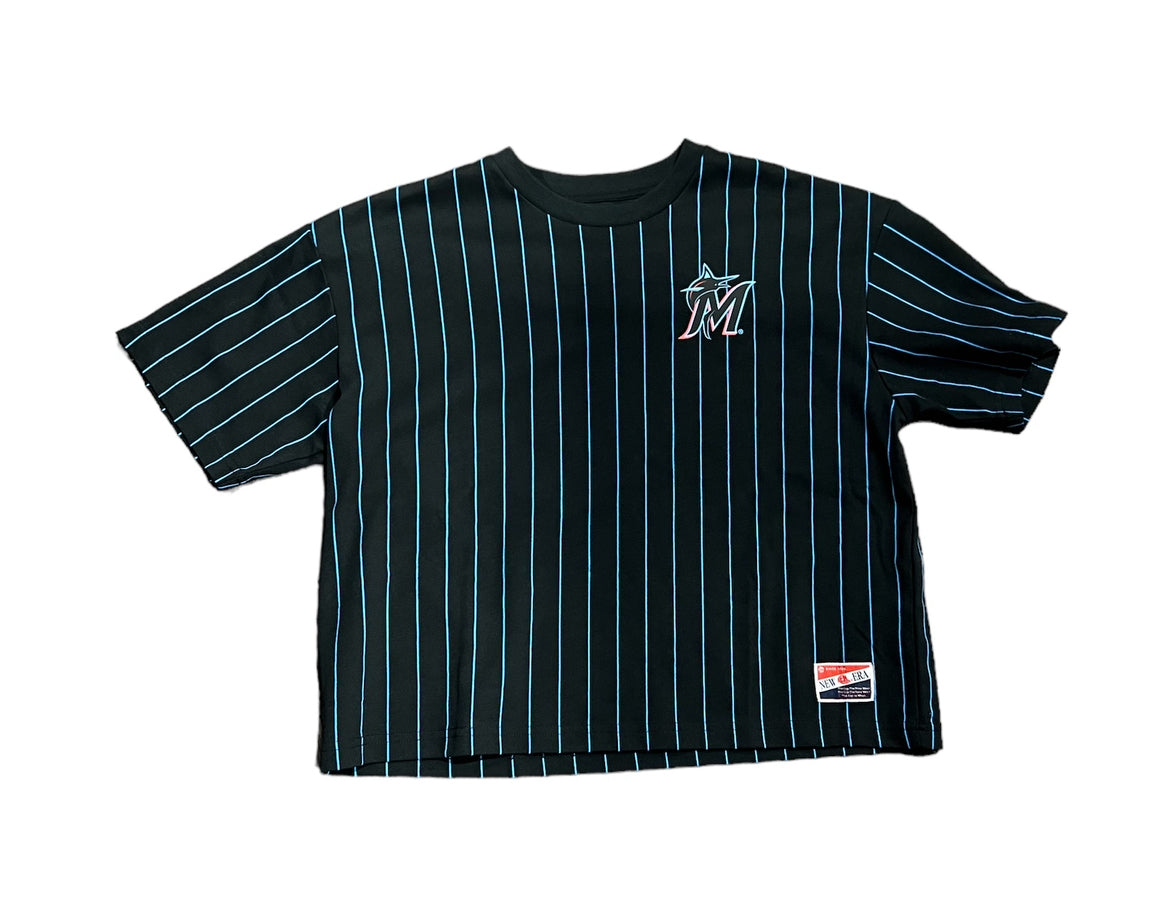 Miami Marlins Women's New Era F1 Pinstripe Crop Top T-Shirt - Black