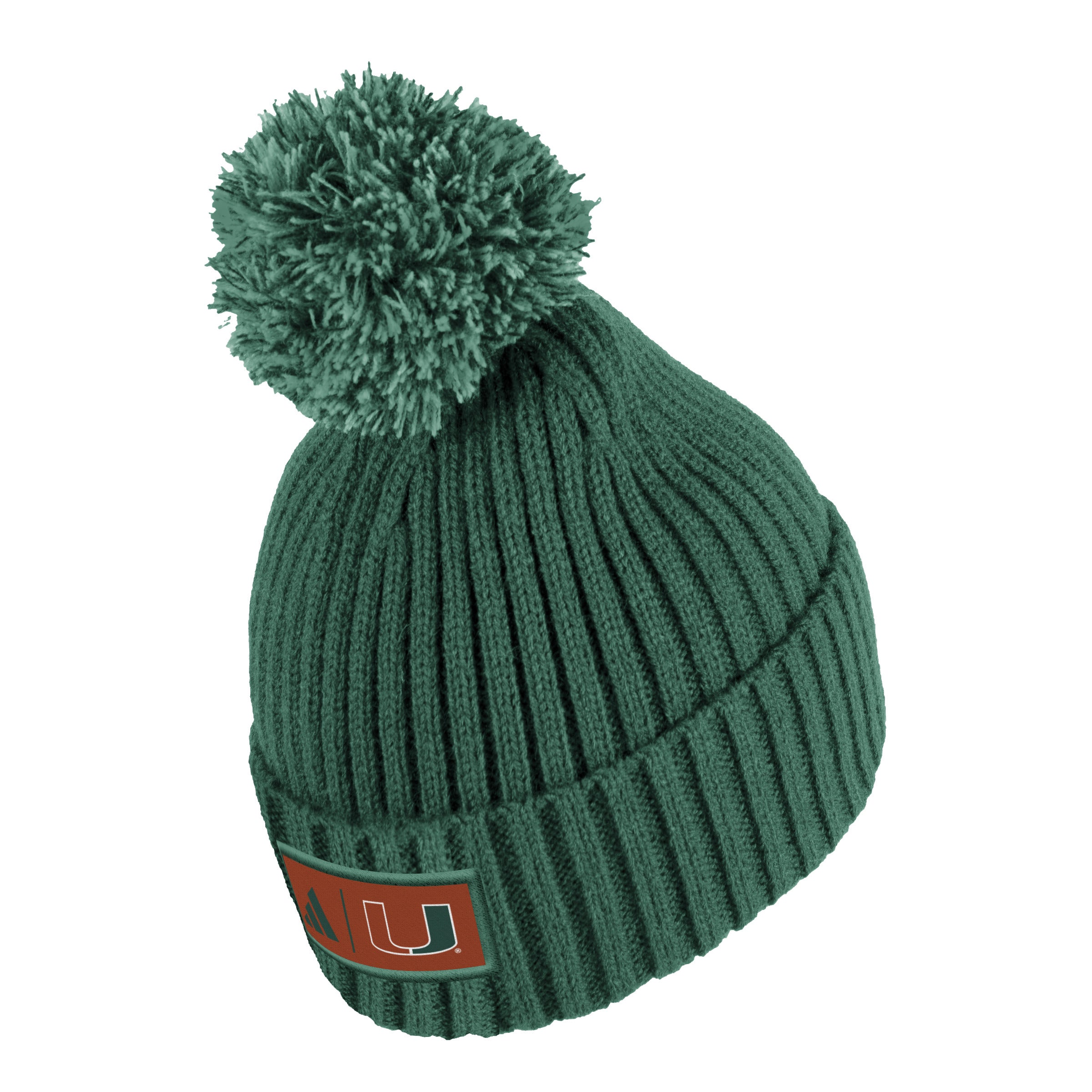 Miami Hurricanes adidas Block Patch Ribbed Cuffed Pom Beanie - Green