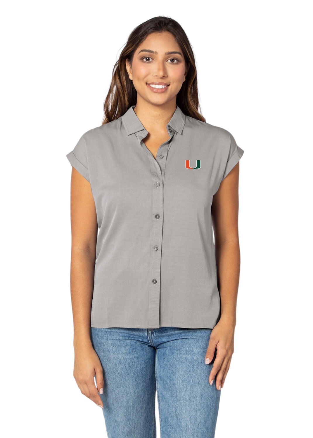 Miami Hurricanes Women's Embroidered U Short Sleeve Button-Up Shirt - Grey