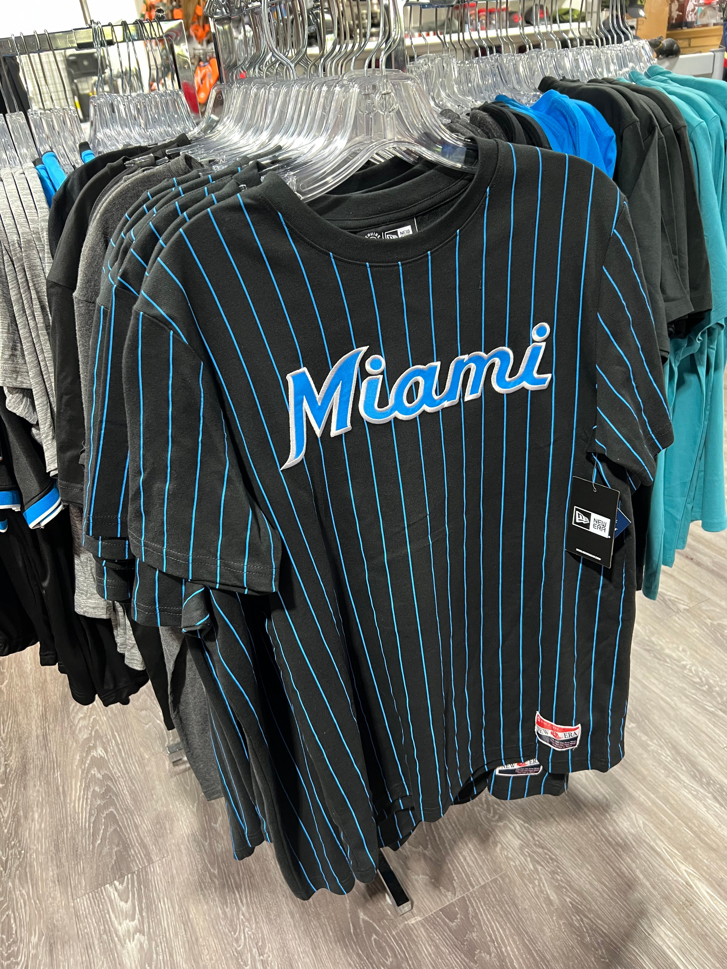 Miami Marlins New Era F1 Pinstripe Active T-Shirt - Black