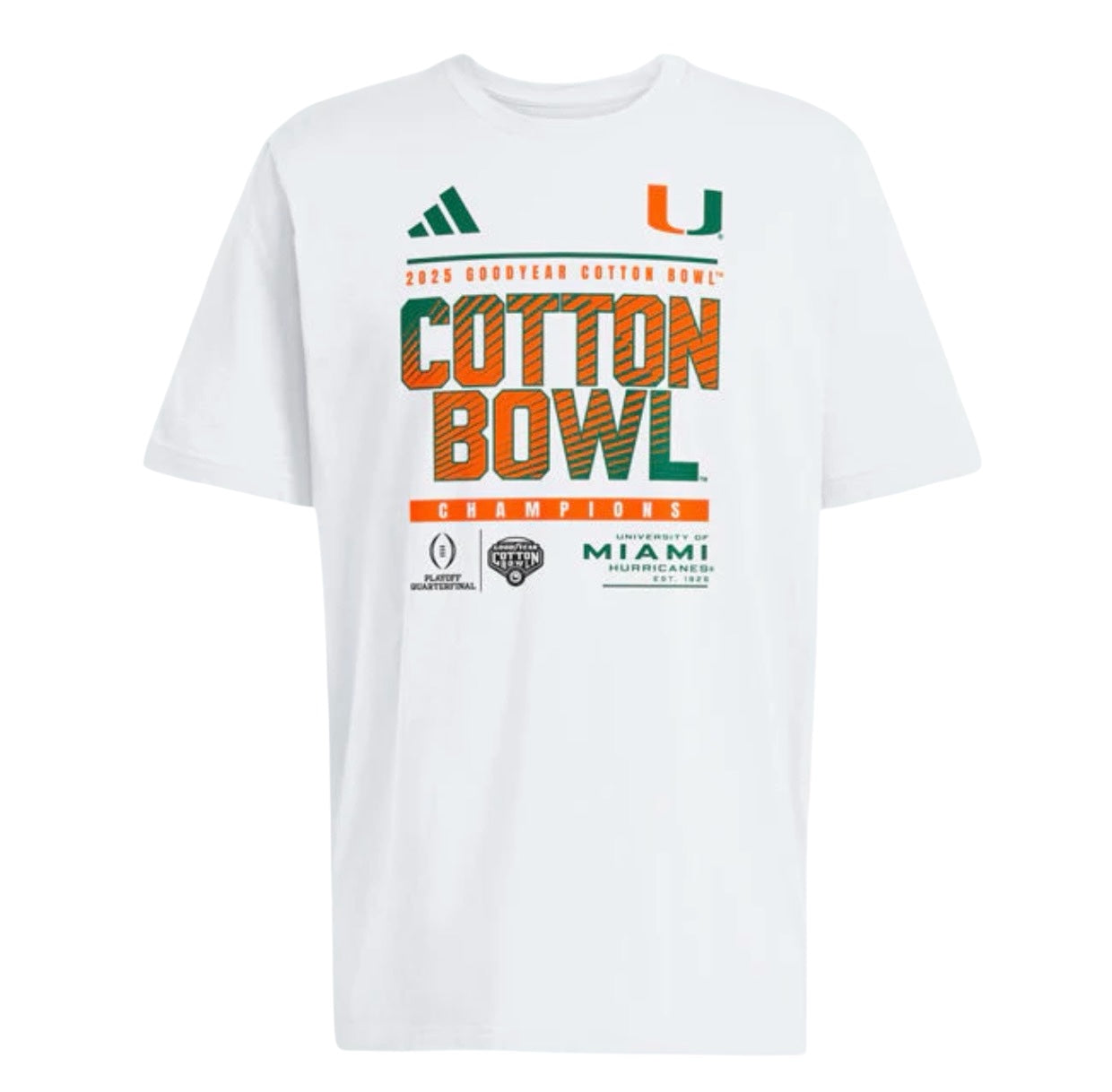 Pre-Order Miami Hurricanes adidas 2025 Men's Pre-Game Performance CFP Cotton Bowl Champions T-Shirt - White