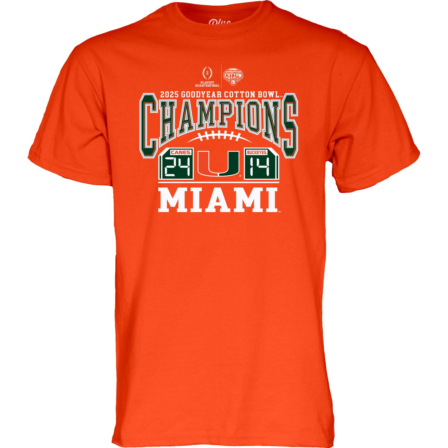 Miami Hurricanes SCORE SHIRT! 2025 Men's Cotton Bowl Champions Game T-Shirt with 24-14 Final Score - Orange