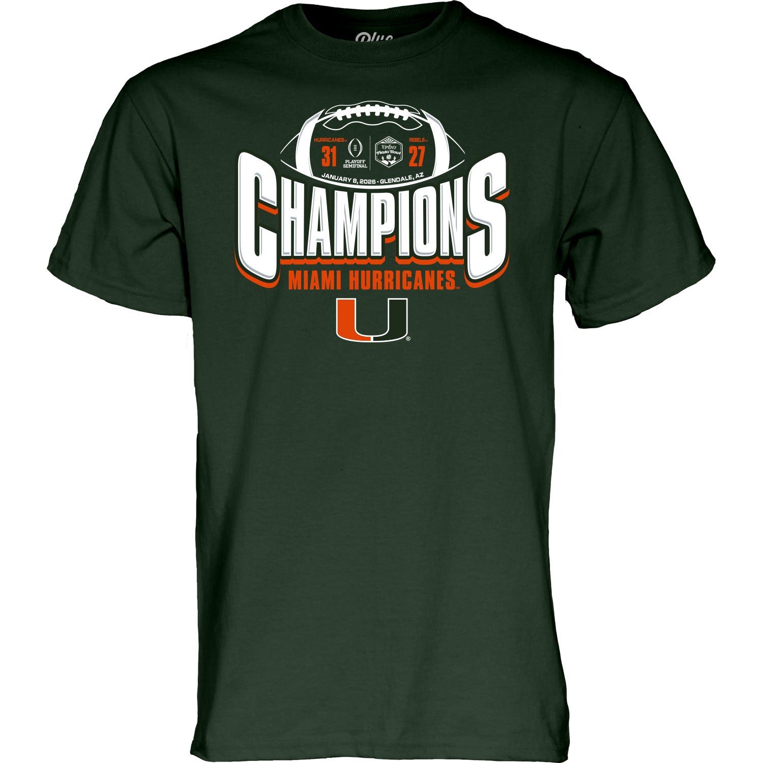 Miami Hurricanes SCORE SHIRT! 2026 Men's Fiesta Bowl Champions Game T-Shirt with 31-27 Final Score - Green